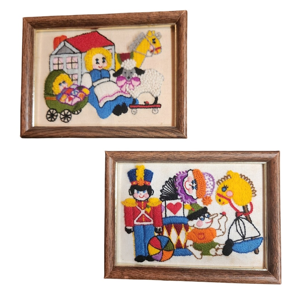 Vintage Sunset Designs Crewel Embroidery Framed Art Set Toy Soldier Nursery‎ MCM
